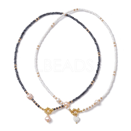 2Pcs 2 Style Natural Pearl Heart Pendant Necklace NJEW-MZ00024-1