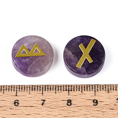 Brass Elder Futhark Alphabet Engraved Symbol Flat Round Natural Amethyst Rune Stones G-I373-01M-1