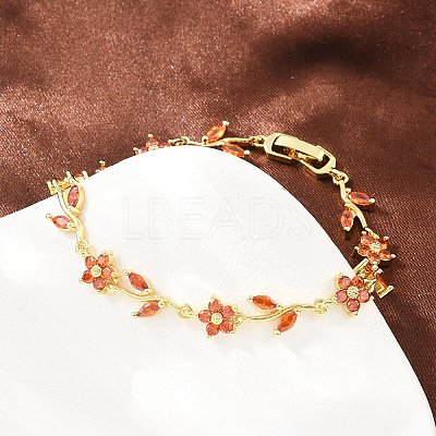 Brass Pave Cubic Zirconia Flower Link Chain Bracelets for Women KK-CBA68DA-14G-01-1