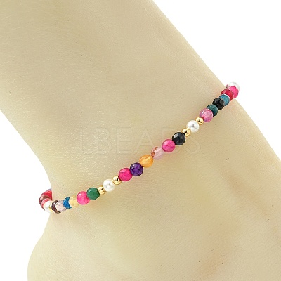 Faceted Round Natural Agate(Dyed & Heated) & Shell Pearl & Brass Beaded Anklets AJEW-AN00881-1