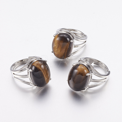Natural Tiger Eye Wide Band Finger Rings X-RJEW-K224-A18-1