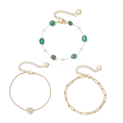 304 Stainless Steel Heart & Dyed Natural Green Agate Nuggets Link Chain 3 Layer Stackable Necklaces BJEW-JB12459-01-1