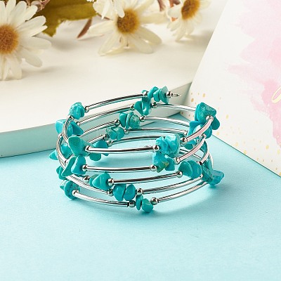 5-Loop Synthetic Turquoise(Dyed) Chip Beaded Wrap Bracelets for Women BJEW-JB01517-09-1