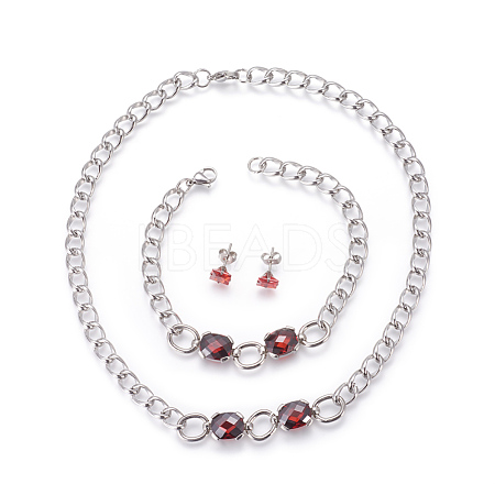 304 Stainless Steel Stud Earrings & Pendant Necklaces & Link Bracelets Jewelry Sets SJEW-L135-01F-1