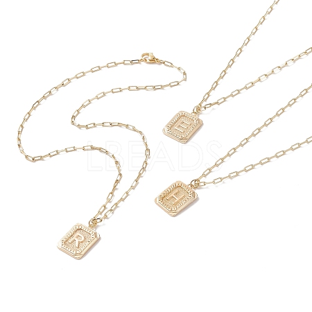 Brass Rectangle with Initial Letter Pendant Necklace with Paperclip Chains for Men Women NJEW-JN04007-1