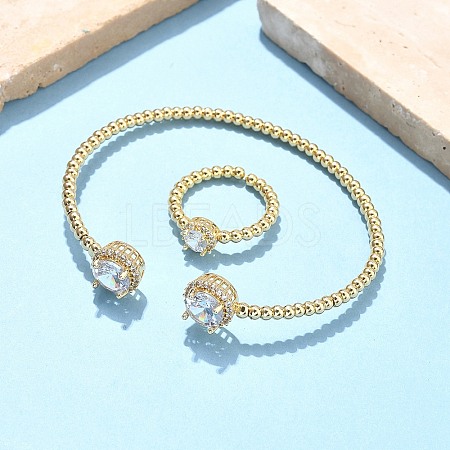 Round Brass Micro Pave Cubic Zirconia Cuff Bangles & Rings Sets for Women SJEW-R002-01G-02-1