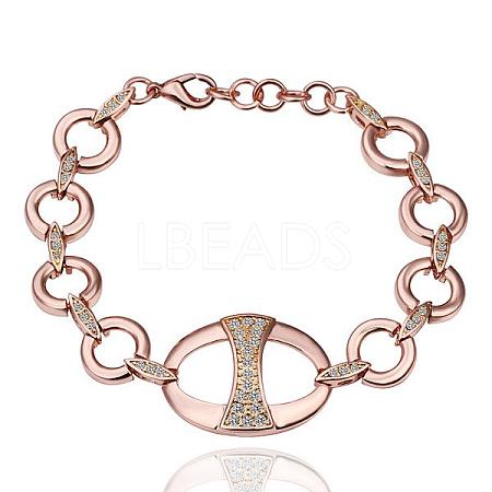 Real Rose Gold Plated Tin Alloy Rhinestone Ring Link Bracelets For Women BJEW-BB13771-RG-1