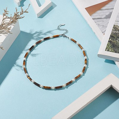 Natural Tiger Eye & Pearl & Crystal Rhinestone Beaded Necklace for Women NJEW-JN04209-03-1