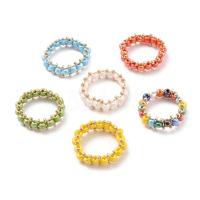 Round Glass Seed Beaded Finger Rings RJEW-JR00307-1