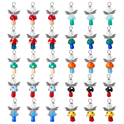 30Pcs 10 Colors Handmade Lampwork Beads with Glass Pearl Round Bead Pendants PALLOY-FH00165-1