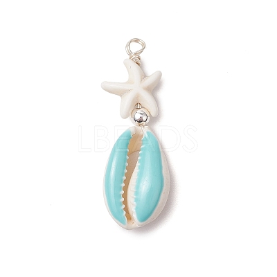 2Pcs 2 Colors Cowrie Shell Enamel & Synthetic Turquoise Starfish Pendants PALLOY-JF03406-1