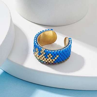 304 Stainless Steel Open Cuff Ring with Glass Seed Beaded RJEW-MZ00014-02-1