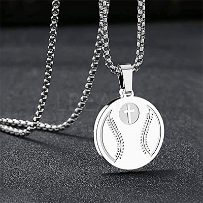 304 Stainless Steel Cross Sport Ball Pendant Necklaces WG79706-01-1