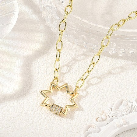 Brass Paperclip Chain Necklaces with Star Brass Micro Pave Clear Cubic Zirconia Screw Carabiner Lock Charms NJEW-JN06411-1