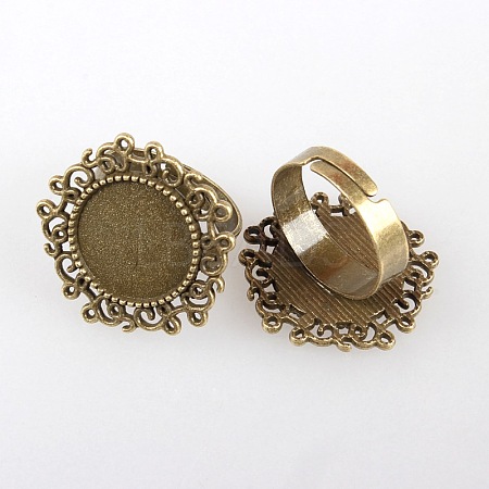 Vintage Adjustable Iron Flower Finger Ring Components Alloy Cabochon Bezel Settings PALLOY-O036-01AB-NF-1