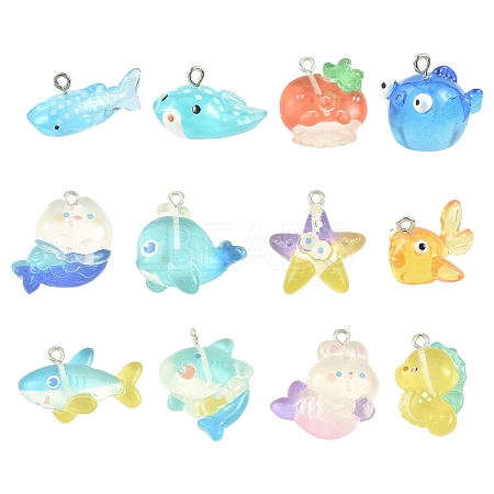 12Pcs 12 Styles Ocean Theme Transparent Resin Cartoon Pendants CRES-YW0002-75-1
