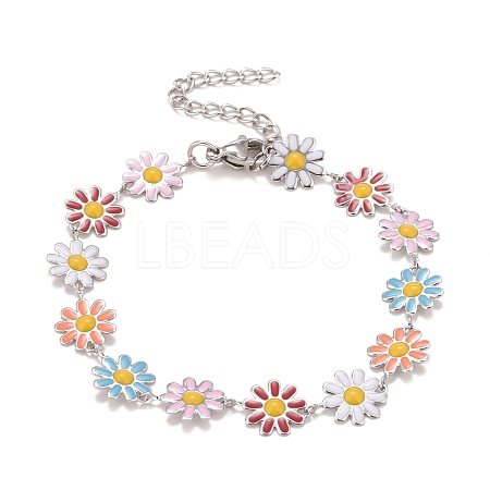 Enamel Daisy Link Chains Bracelet BJEW-P271-01P-06-1