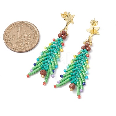 Christmas Tree Natural Red Jasper & Glass Seed Beads Dangle Stud Earrings for Women EJEW-MZ00157-1