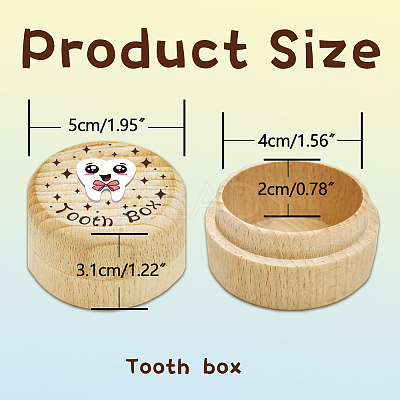 Round Beech Wooden 3D Engraved My First Tooth Box CON-WH0120-004-1