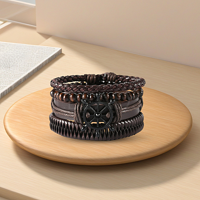 1Pc Cowhide & Imitation Leather Cord Knitted Multi-strand Bracelets AJEW-GF0011-50C-1