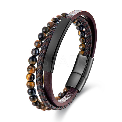 Round Natural Tiger Eye Braided Imitation Leather Multi-Strand Bracelets with Black 316L Stainless Steel Magnetic Clasps for Men WGDA88C-01-1