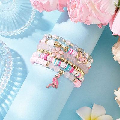 6Pcs 6 Styles Handmade Polymer Clay Heishi & Glass & Electroplate Non-magnetic Synthetic Hematite & Rose Quartz Beads Stretch Bracelets & Alloy Enamel Charm Bracelets BJEW-JB12231-1