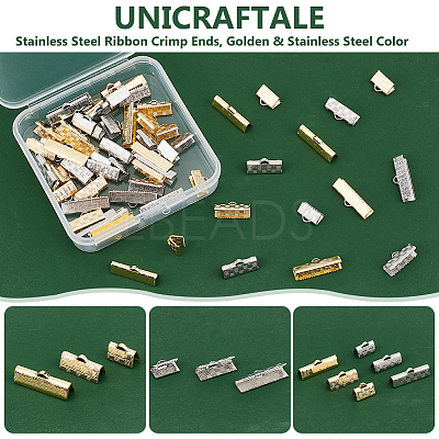 60Pcs 6 Style 304 Stainless Steel Ribbon Crimp Ends STAS-UN0055-92-1