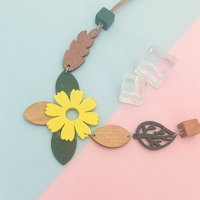 Wooden Flower Leaf Pendant Imitation Leather Cord Necklaces for Women WG4EF74-01-1