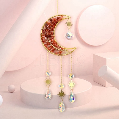 Copper Wire Wrapped Natural Carnelian Chips & Metal Moon with Tree of Life Pendant Decorations PW23111635558-1