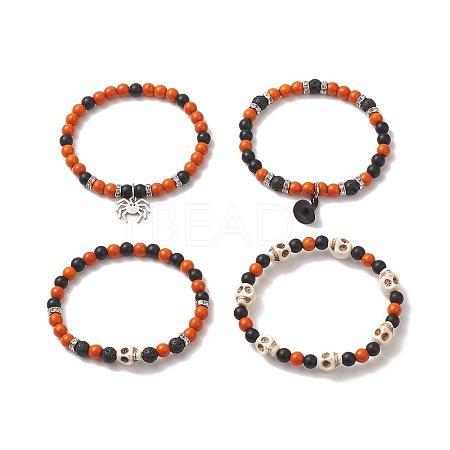 4Pcs 4 Style Dyed Natural & Synthetic Mixed Gemstone Skull Beaded Stretch Bracelets Set BJEW-JB09324-1