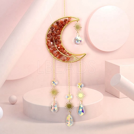 Copper Wire Wrapped Natural Carnelian Chips & Metal Moon with Tree of Life Pendant Decorations PW23111635558-1