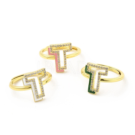 Mixed Color Enamel Initial Letter Adjustable Ring with Clear Cubic Zirconia RJEW-P045-01G-T-1
