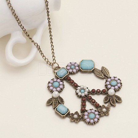 Bohemian Flower Peace Sign Alloy & Glass & Plastic Pearl Pendant Necklaces FS-WG15A32-02-1
