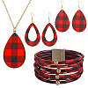 Tartan Pattern Imitation Leather Teardrop Pendant Necklace & Dangle Earrings & Multi-Strand Bracelet JX529B-1