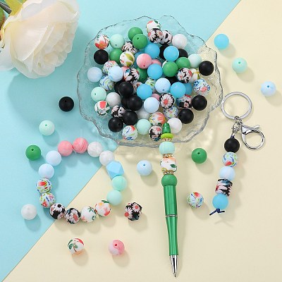 89Pcs Colorful Pattern Printed Silicone Beads Sets SIL-SZ0002-54D-1