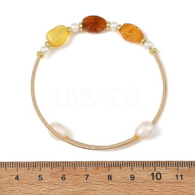 Oval Natural Amber and Pearl Cuff Bangles BJEW-JB14490-1