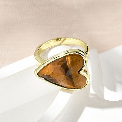 Heart Brass Natural Tiger Eye Finger Rings X-RJEW-D304-01G-D-1