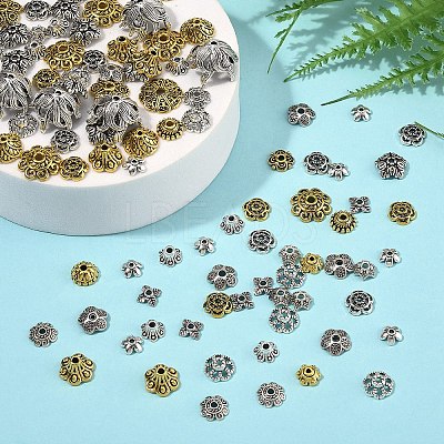 100Pcs 10 Styles Tibetan Style Alloy Flower Bead Caps TIBE-YW0001-84-1