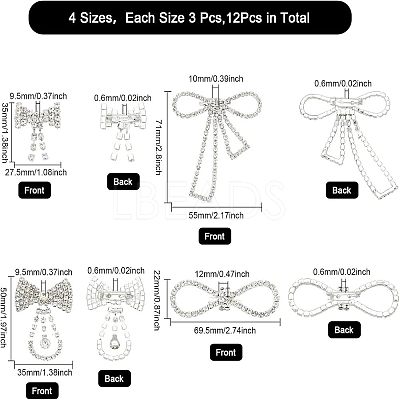 12Pcs 4 Style Crystal Rhinestone Bowknot Lapel Pins JEWB-CA0001-19-1