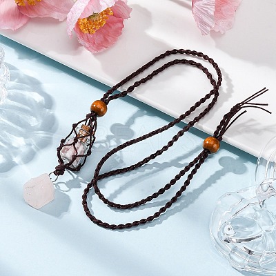 Natural Rose Quartz Macrame Pouch Pendant Nylon Cord Adjustable Necklaces NJEW-JN05345-02-1