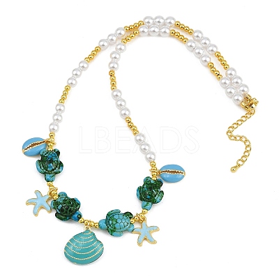 Ocean Brass Enamel Starfish Shell Shape Pendant Round ABS Imitation Pearl Beaded Necklaces KK-CBA4547-04B-G-1