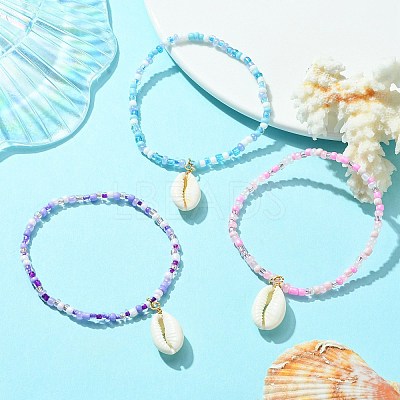 3Pcs 3 Color Glass Seed Beaded Stretch Bracelets Set with Natural Shell Charms BJEW-JB09660-1