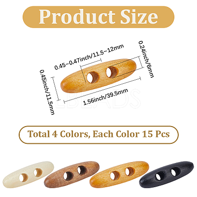 60Pcs 4 Colors 2-Hole Wood Buttons BUTT-GF0004-25A-1