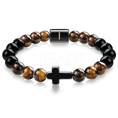8MM Natural Tiger Eye and Matte Black Obsidian Round Beaded Stretch Bracelets SL9862-9-1