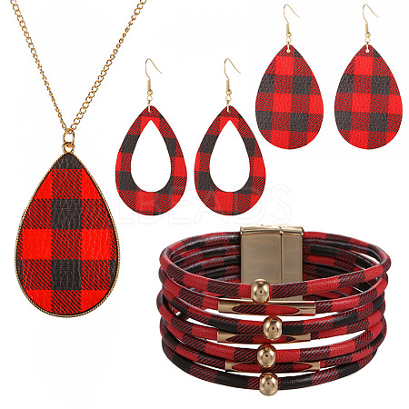 Tartan Pattern Imitation Leather Teardrop Pendant Necklace & Dangle Earrings & Multi-Strand Bracelet JX529B-1