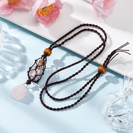 Natural Rose Quartz Macrame Pouch Pendant Nylon Cord Adjustable Necklaces NJEW-JN05345-02-1