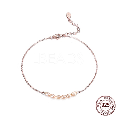 925 Sterling Silver Cable Chain Anklet with Natural Freshwater Pearls AJEW-F162-010RG-1