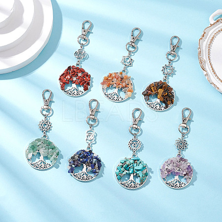Chakra Natural & Synthetic Gemstone Chips Beads & Alloy Tree of Life Pendant Decorations HJEW-JM03128-1