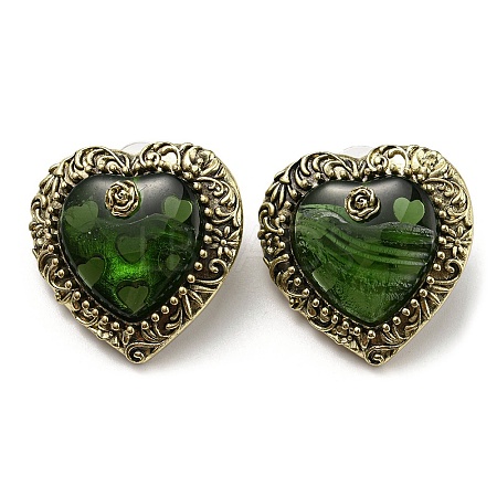 Glass Heart with Rose Stud Earrings EJEW-F323-01AG-1