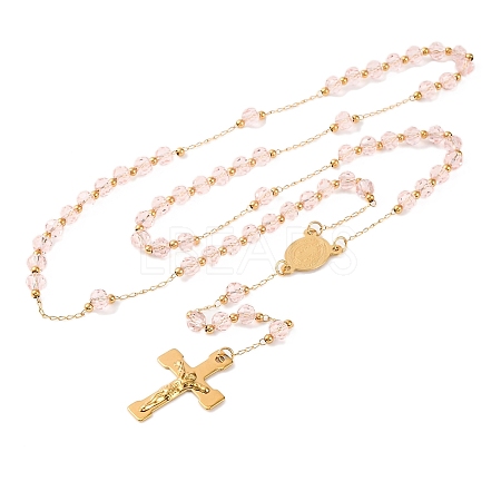 Ion Plating(IP) Crucifix Cross 304 Stainless Steel Rosary Bead Necklaces NJEW-M075-03G-02-1